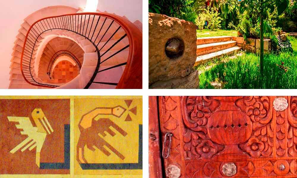 Grada con piedra natural, piedra tallada prehispánica en jardín, motivo Jalqá en muebles, puerta tallada