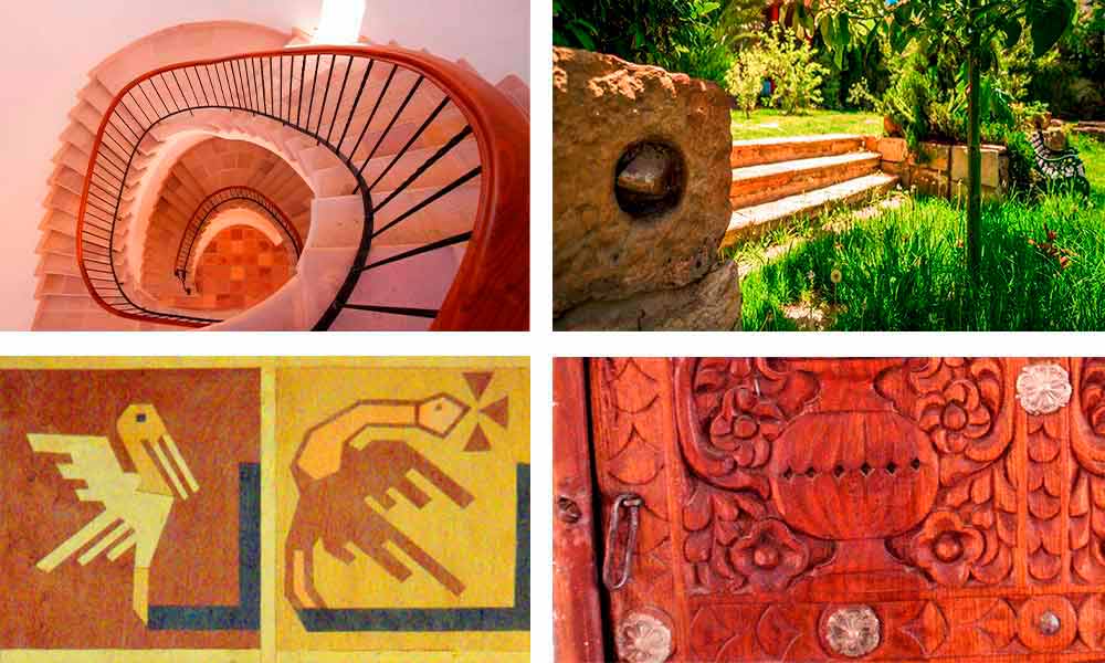 Grada con piedra natural, piedra tallada prehispánica en jardín, motivo Jalqá en muebles, puerta tallada